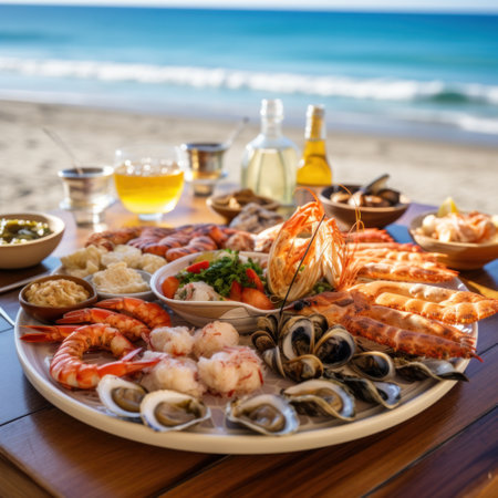 plate of delicious seafood appetizers served on a beach table with a picturesque view of the sea.の素材