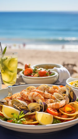 plate of delicious seafood appetizers served on a beach table with a picturesque view of the sea.の素材