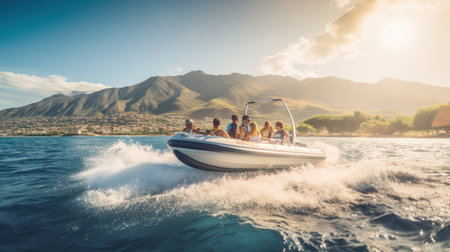 A group of friends having a fun day out on a speedboat.の素材