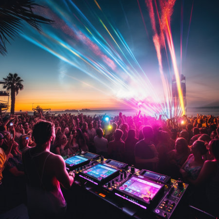 A DJ booth on the beach with a crowd of people dancing and having fun in the background.の素材
