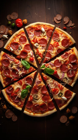pizza slices arranged in a spiral pattern, emphasizing the symmetrical beauty of the pizza.の素材