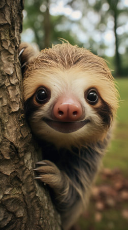 A sloth hanging upside down from a tree branch, its face peering out from behind its shaggy fur.の素材