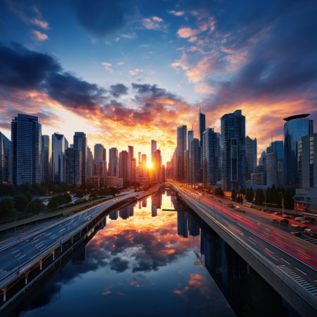 a city skyline at sunrise, showcasing the vibrancy and excitement of modern urban life..の素材