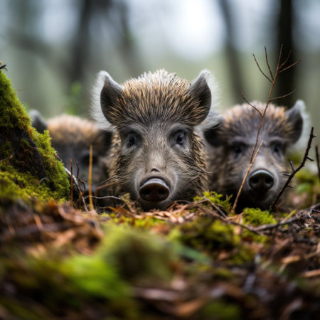 A family of wild boars foraging through the forest floor, their distinctive snouts and bristly fur on full display.の素材