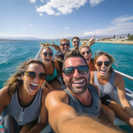 A group of friends having a fun day out on a speedboat.の素材