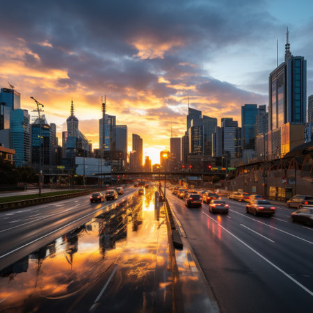 a city skyline at sunrise, showcasing the vibrancy and excitement of modern urban life..の素材