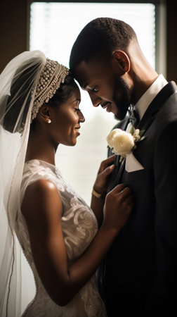 A groom helping his bride adjust her veil before walking down the aisle.の素材