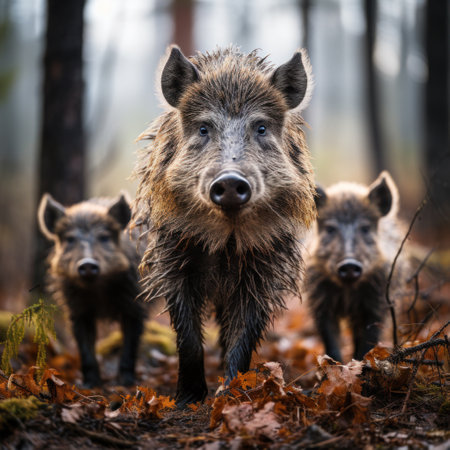 A family of wild boars foraging through the forest floor, their distinctive snouts and bristly fur on full display.の素材