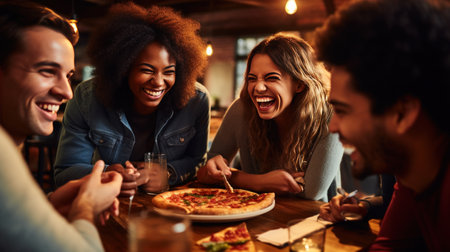 group of friends gathered around a table, each holding a slice of pizza with big smiles on their faces.の素材