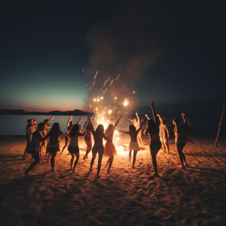 young adults in stylish beachwear dancing around a bonfire on the shore under a clear night sky.の素材