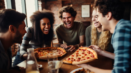 group of friends gathered around a table, each holding a slice of pizza with big smiles on their faces.の素材