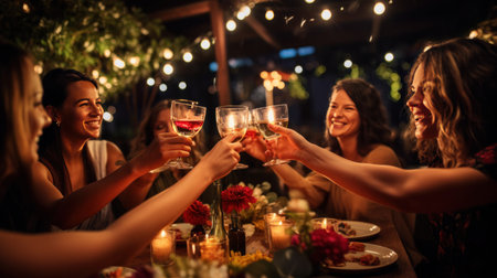 A group of friends clinking their drinks together in a toast at a table decorated.の素材