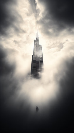 skyscraper piercing through a blanket of clouds, the power and ambition of modern architecture.の素材