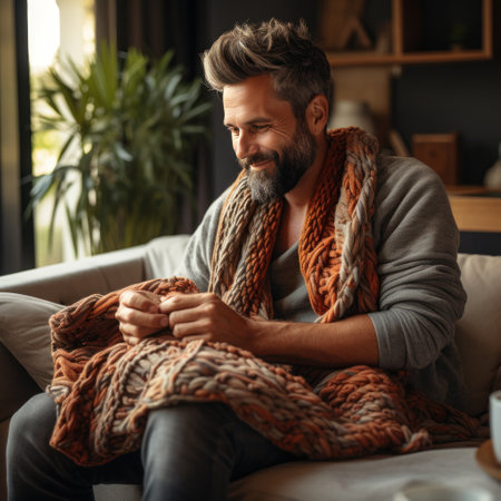 A man knitting a large blanket while sitting on a comfortable couch in his living room.の素材