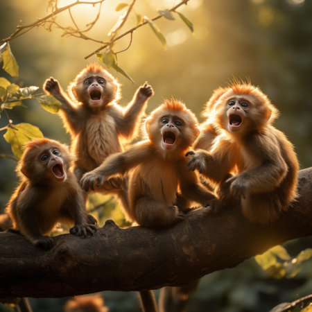 monkeys swinging from tree to tree, their furry bodies and long tails creating a lively scene.の素材