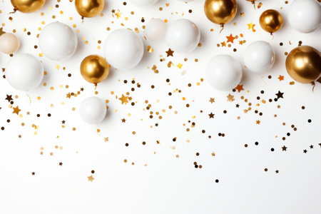 A festive and fun holiday scene with golden balls and colorful confetti against a white backdrop.の素材