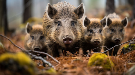 A family of wild boars foraging through the forest floor, their distinctive snouts and bristly fur on full display.の素材