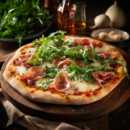 A gourmet pizza with unique toppings such as prosciutto, arugula, and shaved parmesan cheese.の素材