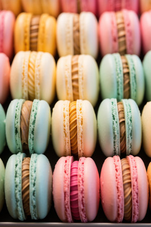 display case filled with colorful macarons, arranged in rows and hues of pastel pink, blue, green.の素材