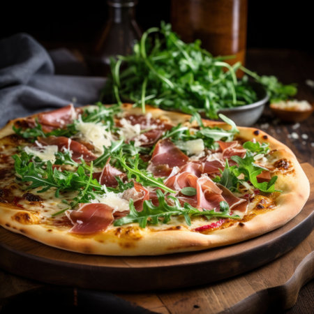 A gourmet pizza with unique toppings such as prosciutto, arugula, and shaved parmesan cheese.の素材