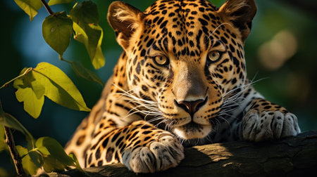 A majestic jaguar perched on a tree branch, staring into the distance with its piercing green eyes.の素材