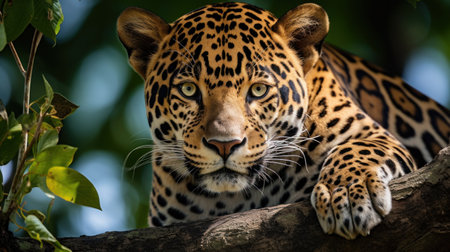 A majestic jaguar perched on a tree branch, staring into the distance with its piercing green eyes.の素材