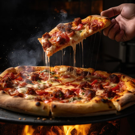 person taking a slice of pizza from a steaming hot pieの素材