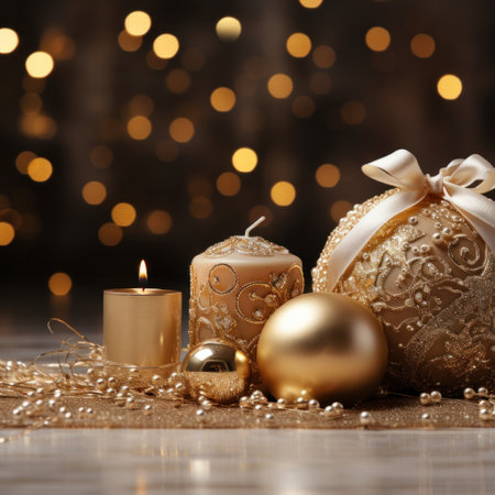 A luxurious and elegant holiday scene with golden baubles and an intricate patterned background.の素材