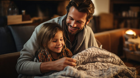 A man knitting a large blanket while sitting on a comfortable couch in his living room.の素材