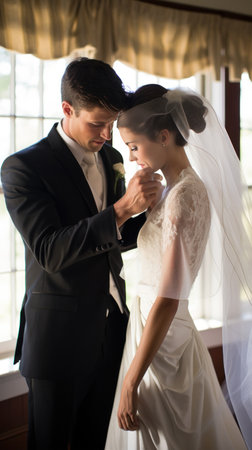 A groom helping his bride adjust her veil before walking down the aisle.の素材