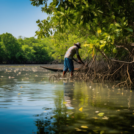 A local fisherman casting his net in the shallow waters of a lagoon surrounded by mangrove trees.の素材