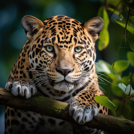 A majestic jaguar perched on a tree branch, staring into the distance with its piercing green eyes.の素材