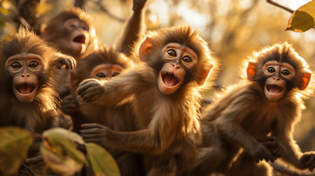 monkeys swinging from tree to tree, their furry bodies and long tails creating a lively scene.の素材