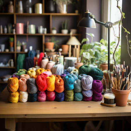 A knitter's workspace with a variety of colorful yarns and knitting needles on a wooden deskの素材