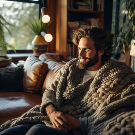 A man knitting a large blanket while sitting on a comfortable couch in his living room.の素材