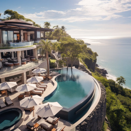 luxury resort nestled on a hillside overlooking the ocean.の素材