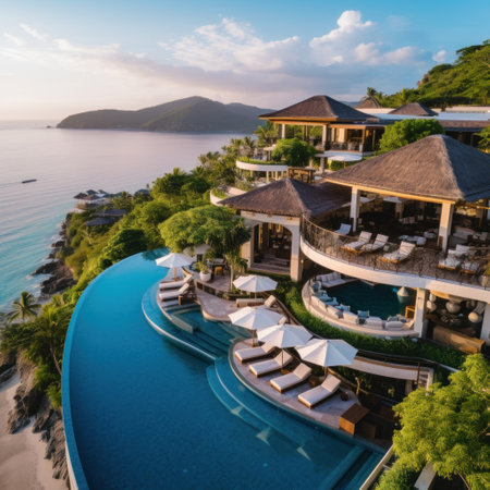 luxury resort nestled on a hillside overlooking the ocean.の素材