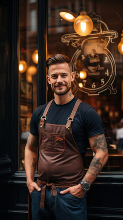 smiling barber standing in front of his shop.の素材