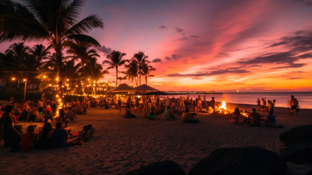 sandy beach at night with a bonfire, surrounded by people dancing and socializing.の素材