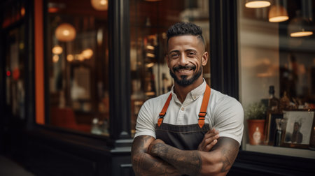 smiling barber standing in front of his shop.の素材