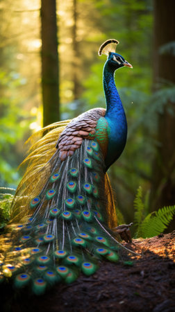 A regal peacock strutting through the forest, its iridescent feathers shimmering in the sunlight.の素材