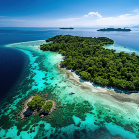 pristine tropical island with crystal clear waters and lush greenery.の素材