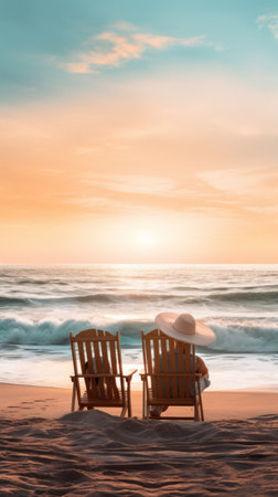 A romantic scene of a couple cuddling on a beach chair while watching the waves.の素材
