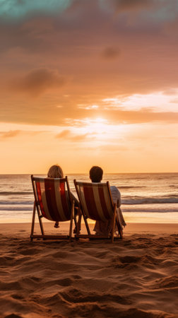 A romantic scene of a couple cuddling on a beach chair while watching the waves.の素材