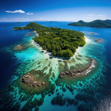 pristine tropical island with crystal clear waters and lush greenery.の素材