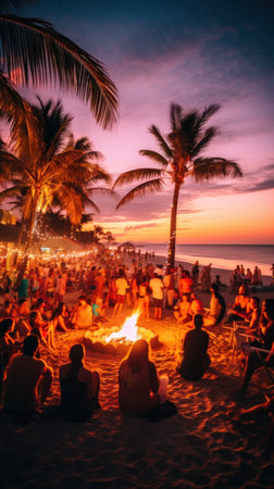 sandy beach at night with a bonfire, surrounded by people dancing and socializing.の素材