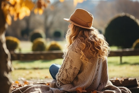 A woman sitting on a wooden bench in a park, knitting a warm hat and wearing a cozy sweater.の素材