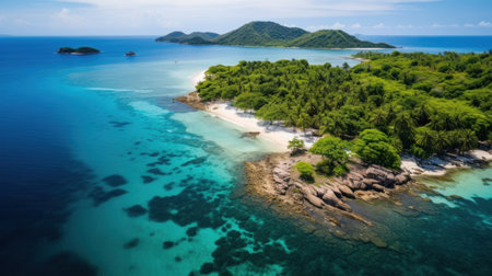 pristine tropical island with crystal clear waters and lush greenery.の素材