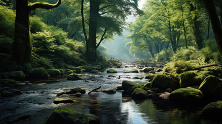 tranquil river flowing through the lush forest, with a variety of animals visibleの素材