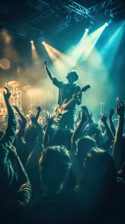 live band playing on stage in a dimly lit nightclub, with a sea of enthusiastic fans jumping.の素材